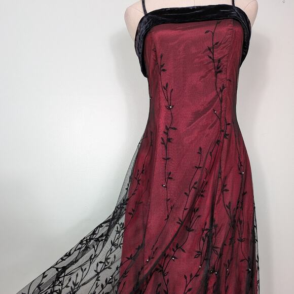 Vintage Nightway Prom Dress Maxi Gown 6 Red Black 90S Y2K Goth Floral Velvet - Picture 6 of 11